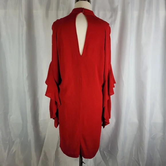H&M Red Crepe Flounce Sleeve Keyhole Back High Neck Tunic Shift Dress Size 6 - Picture 14 of 16